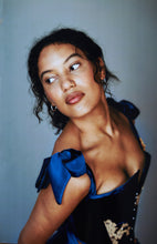 Load image into Gallery viewer, A view of the large deep blue shoulder bows on the Anna stays. The bows are functional and fall over the shoulders.