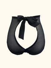Load image into Gallery viewer, The back of the Serena open back knickers. There is a bow at the waist in the centre that fastens the knickers. The back panels over lap at the base and reveal the top of the bottom. All visible panels are made from black sheer mesh.