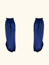 Load image into Gallery viewer, The back of the Anna sleeves. None of the godl lace is visible. The blue silk is gathered around the top arm to create fullness.