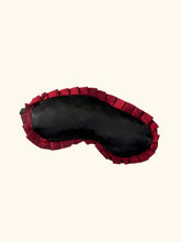 Load image into Gallery viewer, a black silk satin eyemask with deep red douppion frill