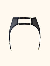 Load image into Gallery viewer, The back of the Win suspender belt. The back fastens with 2 adjustable straps, both finished with gold hardware, the straps sit around 5cm above one another. All elastic are black.