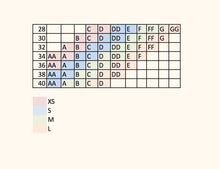 Load image into Gallery viewer, A size chart showing bra sizes. XS 28 C,D. 30 B, C. 32 A, B. 34 AA, A. 36 AA. Size S 28 DD, E. 30 D, DD. 32 C, D. 34 B, C. 36 A, B. 38 AA, A. 40 AA. Size M 28 F, FF. 30 E, F. 32 DD, E. 34 D, DD. 36 C, D. 38 B, C. 40 A, B. Size L 28 G, GG. 30 FF, G. 32 F, FF. 34 E, F. 34 E, FF. 36 DD, E. 38 D, DD. 40 C, D.