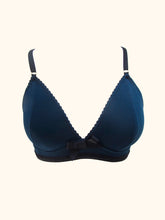 Load image into Gallery viewer, A shot of the Artemis bralette, showing the contrasting black trim on the wide band, black straps and black bow at the centre front. All hardware is gold. The ribbon on the bow is textured grosgrain and around 1.5cm wide.