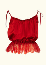 Load image into Gallery viewer, The back of the cami. The straps are thin red ribbon which ties in bows at the shoulders, and so is adjustable to fit different bodies. The main fabric is gathered onto this ribbon, making the body of the cami blouse out from the neckline to the waist.