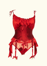 Load image into Gallery viewer, The front of the Olenska corset belt with the cami and lace knickers. The cami silk blouses out above the corset belt, where it finishes just below the bust.