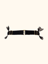 Load image into Gallery viewer, The back of a black choker with a central black satin elastic band. The tulle frills stop at the sides and the band becomes adjustable with gold sliders. The back fastens with a G Hook.
