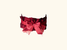 Load image into Gallery viewer, Dark red ruffled choker with a lace trimmed bow and beads at the front