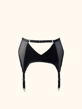 Load image into Gallery viewer, The front of the Win suspender belt. The belt has 4 straps and gold hardware. The front panels are silk and cross over to create an inverted triangle cut out below the waist. An adjustable waistband strap runs above this.