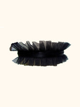 Load image into Gallery viewer, The front of a black choker with a central satin elastic band 1cm wide and a pleated tulle frill on either side. The tulle frills are around 2cm in width.