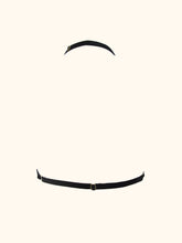 Load image into Gallery viewer, The back of the Artemis high neck halter bralette. This shows the neck and back strap. Both have a gold slider in the centre. None of the petrol blue fabric is visible from the back.