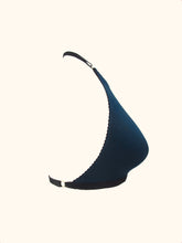 Load image into Gallery viewer, A side view of the Artemis high neck halter bralette. The underbust band attaches to the adjustable straps with a gold ring. This can be replaced with a G Hook fastening.