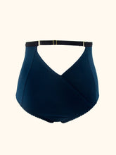 Load image into Gallery viewer, The front of the Artemis high waist knickers on a stand. Clearly showing the front seams, about 1/3 round from the side seams and the front cross over detail.
