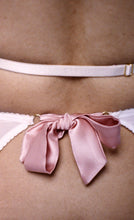 Load image into Gallery viewer, The centre back pink silk bow that fastens the ouvert knickers. It is around 1 inch wide.