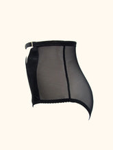 Load image into Gallery viewer, The side of the Serena high waist knickers. This shows the narrow side seam in the mesh and the thick black waistband, 1.5cm in width.