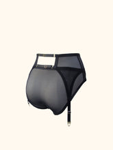 Load image into Gallery viewer, The back of the Win suspender belt worn with hip height matching knickers. This is a styling option.