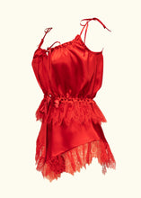 Load image into Gallery viewer, The Olenska cami worn with the tap pants viewed from the side front. The waist of the cami meets the top of the tap pants, so the lace trim on the cami sits over the silk of the tap pants. The trims are of the same lace, the silk is also the same.