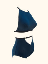 Load image into Gallery viewer, The Artemis high neck halter bralette and high waist knickers shown on a a stand. The side seams and cross over detail (creating an upside down triangle at the waist) are clearly visible on the knickers.
