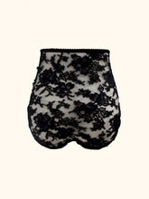 Load image into Gallery viewer, The Sarah black lace knickers on a stand. The design is the same as the pink, but the lace is heavier and corded.