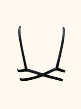Load image into Gallery viewer, The Nina bralette back view. Showing the shoulder straps looping over the band. The band then crosses over at the centre back. The gold sliders on the shoulder and band straps are visible.
