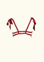 Load image into Gallery viewer, The back of the Olenska lace bralette. It has double adjustable band straps for support and 2 adjustable red satin elastic shoulder straps that attach to the shoulder bows. The back fastens with a gold clip and g hook.
