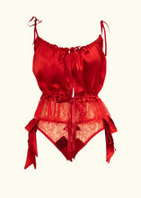 Load image into Gallery viewer, The Olenska cami worn with the Olenska lace knickers. The silk bows and ribbon on the knickers match the cami. The lace on the cami comes down to the top of the knickers.