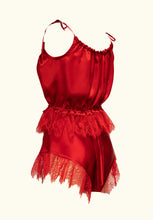 Load image into Gallery viewer, The Olenska cami worn with the tap pants. The lace hem on the cami obscures much of the bow at the back of the tap pants, and together they give an hourglass shape. This shows a styling option.