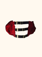 Load image into Gallery viewer, The 3 adjustable black straps on the inner arm of the sleeve. Each is 1cm wide and fastens with a gold g hook.