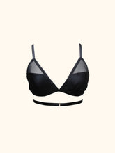 Load image into Gallery viewer, The front of the Nina bralette. The black straps lead directly up over the shoulders from the cups. There is no decoration where they join. The band is one elastic strap which wraps around the body and fastens at the front with a gold G hook. All straps are adjustable.