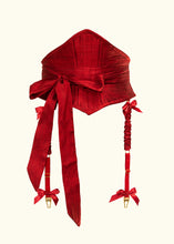 Load image into Gallery viewer, The front of the corset belt. There are two suspenders hanging down from the front. The waist is decorated with an optional sash, wound around the waist twice and tied in a large bow at the side front.
