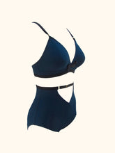Load image into Gallery viewer, A side front view of the Artemis bralette and high waist knickers on a stand. Showing the contrasting black elastics and wide underbust band on the bralette.