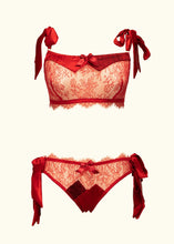 Load image into Gallery viewer, The Olesnska Lace bralette and knickers from the front. The lace matches, both designs use the eyelash edge as a trim. Both have a silk panel design at the centre front and bow trims.