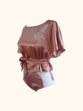 Load image into Gallery viewer, The Sarah lounge top with waist tie worn with the Sarah high waist knickers. This shows a styling option. The lace and silk match.