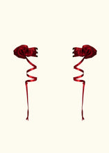 Load image into Gallery viewer, A pair of red sleeve puffs, the width is outwards away from the body extending to around 5 or 6 inches. Both have ribbon that wraps around the arm below the puffs.