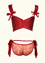 Load image into Gallery viewer, A back view of the Olenska lace knickers worn with the Olenska stays. The stays finish above the waist and the knickers sit on the hips. This shows a styling option.
