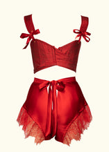 Load image into Gallery viewer, A back view of the Olenska tap pants and stays. There is a 4 inch gap at the centre back between waistband of the tap pants and the bottom of the stays, this decreases to 1 inch at the sides.