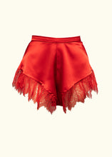 Load image into Gallery viewer, The front of the Olenska tap pants. The waistband is 1 inch wide. The curved hem creates a v shape leading up from the centre front which is trimmed with deep Chantilly lace.