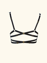 Load image into Gallery viewer, A back product image of the Anna 1/4 cup bra the straps are all black with gold hardware. All straps are adjustable.
