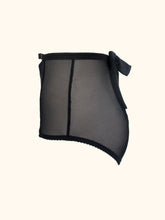 Charger l&#39;image dans la galerie, The side view of the Serena open back knickers. There is a narrow side seam in the mesh. The bow at the back is visible. The waistband sits on the waist.
