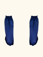Load image into Gallery viewer, The back of the Anna sleeves. None of the godl lace is visible. The blue silk is gathered around the top arm to create fullness.
