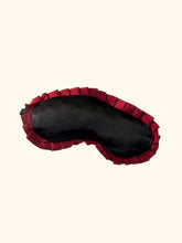 Charger l&#39;image dans la galerie, a black silk satin eyemask with deep red douppion frill
