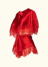 Load image into Gallery viewer, A side front view of the Olenska cape-let and tap pants. The lace extends to the waistband at the front and just above it at the sides.
