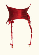Load image into Gallery viewer, The side of the corset belt. Suspenders are visible as is the curve of the belt up to the points at the front and back and the gentle curve of the seams at the front and back.
