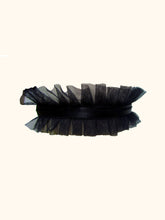 Cargar imagen en el visor de la galería, The front of a black choker with a central satin elastic band 1cm wide and a pleated tulle frill on either side. The tulle frills are around 2cm in width.
