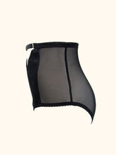 Load image into Gallery viewer, The side of the Serena high waist knickers. This shows the narrow side seam in the mesh and the thick black waistband, 1.5cm in width.
