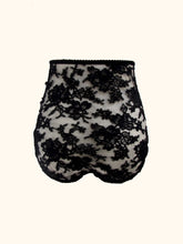 Charger l&#39;image dans la galerie, The Sarah black lace knickers on a stand. The design is the same as the pink, but the lace is heavier and corded.
