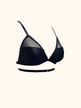 Cargar imagen en el visor de la galería, Side front view of the Nina wrap around bralette. The cups are gathered silk at the base with an angled seam that leads to a triangular black mesh panel at the top of the cup. The mesh is around 1 third of the total cup.
