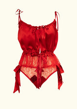 Load image into Gallery viewer, The Olenska lace knickers worn with the Olenska cami. The red silk satin bows and silk panel detail match the silk on the cami. The lace trim on the cami reaches the top of the knickers.
