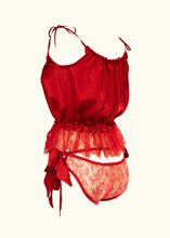 Charger l&#39;image dans la galerie, The side back of the Olenska lace knickers worn with the Olenska cami. The red silk satin bows and silk panel detail match the silk on the cami. The lace trim on the cami reaches just below the strap going across the top of the knickers, the scoop on the lace is still visible.
