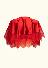 Load image into Gallery viewer, A back view of the Olenska cape-let. The back shows the scallop on the lace as well as the sheer nature of the delicate pattern. The cape flares gently from the shoulders.
