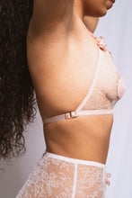 Load image into Gallery viewer, A side view of the top of the knickers with the bralette. The waistband is narrow picot elastic. You can see the narrow side seam and that the rosette sticks out around 1cm from the front of the knickers.

